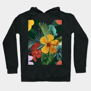 Colorful tropical flowers and leaves. Hibiscus flower, Palm leaves vibrant summer exotic print. Hoodie